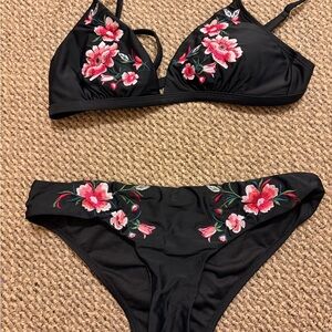 Floral Embroidered Black Bikini Set